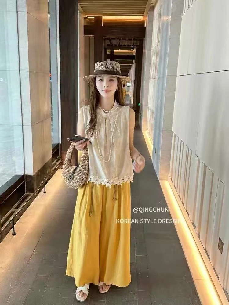 （看姐妹预约人数上新款式）新款韩版花边无袖背心阔腿裤两件套