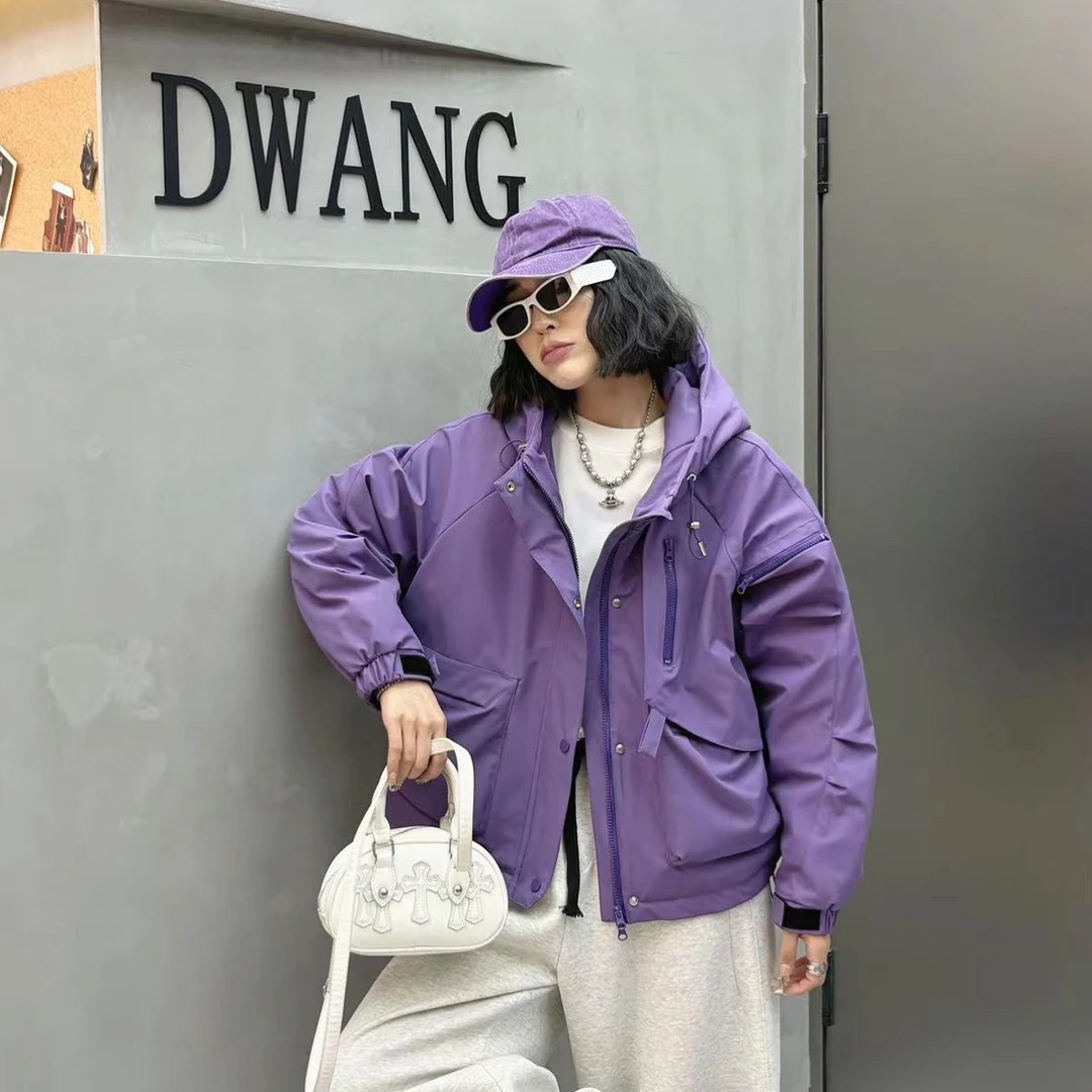 906冬季新款大码女装欧货简约连帽短款韩版工装风宽松显瘦外套