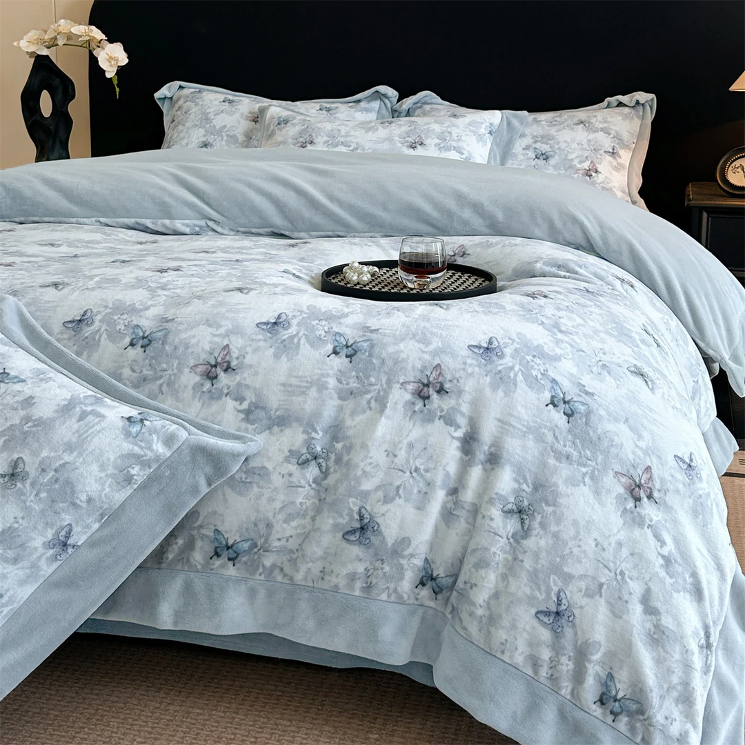 双11新款A类加厚牛奶绒法式数码印花宽边四件套床笠双面绒三件套