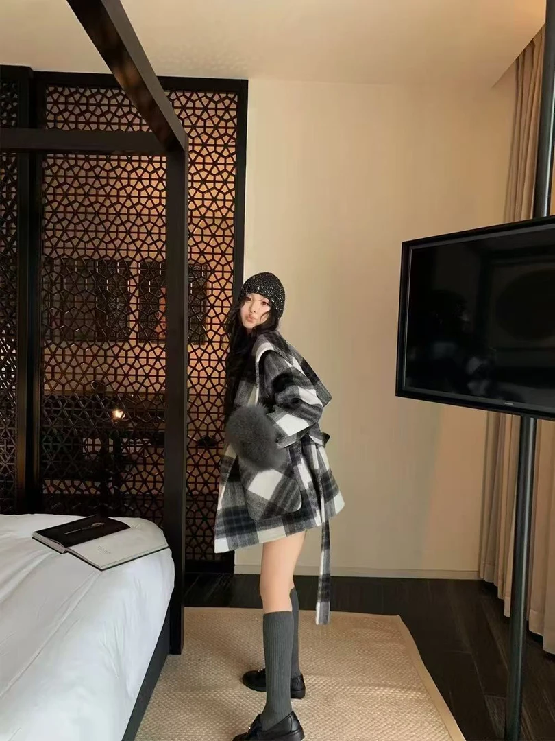 橘子家新款双面连帽大衣格子