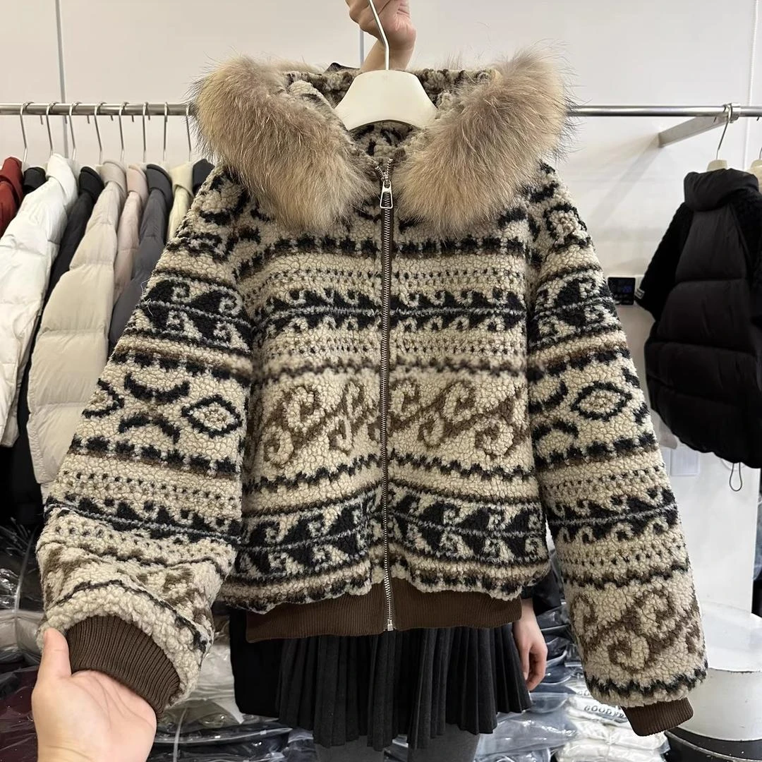 真狐狸毛领费尔岛印花连帽羊羔毛毛外套女秋冬休闲加厚保暖外套女