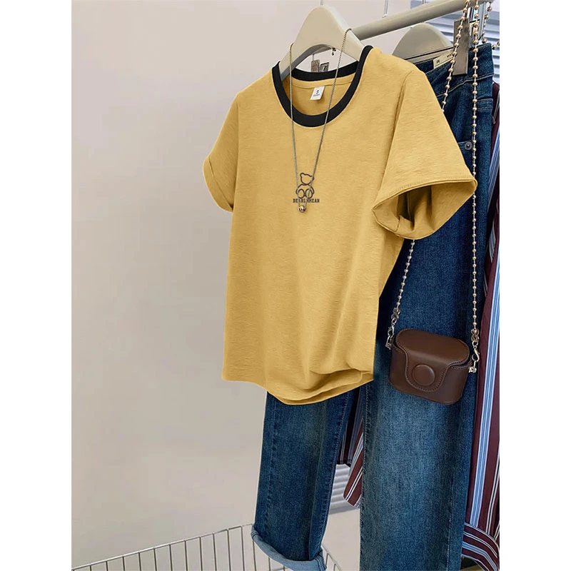 正肩插色领口优质棉t恤女款2025新款时尚洋气小众不撞款上衣夏季