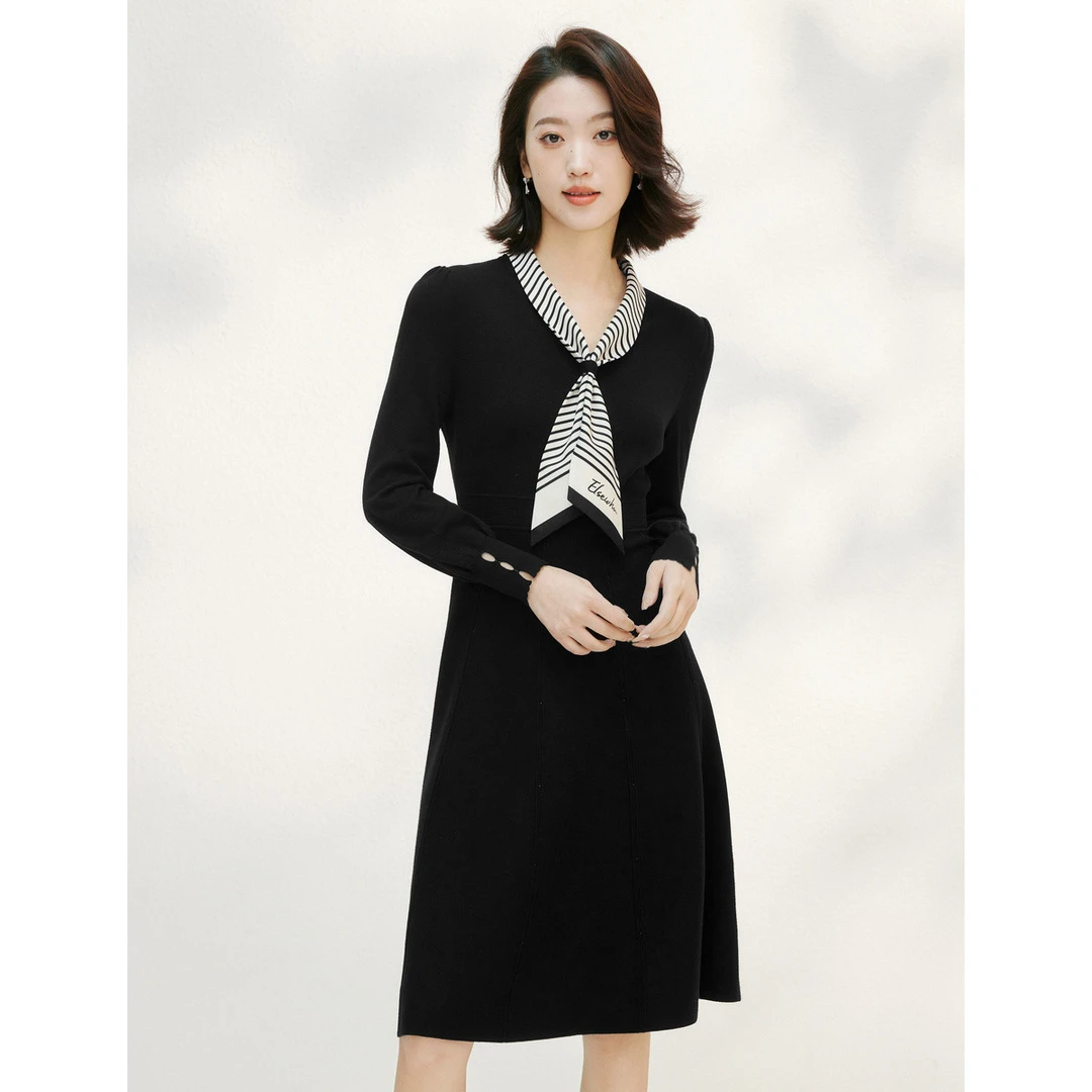 【思思专属】小黑裙条纹系带领名媛春夏连衣裙女EF03276W0