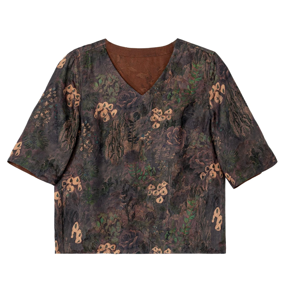 【紫轩】新中式气质V领上衣女夏季复古国风宽松薄款小衫A512503