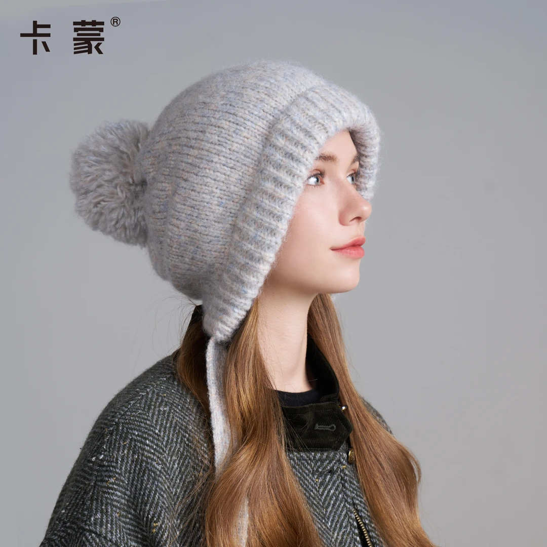 卡蒙绵羊毛护耳针织帽毛线帽女修饰脸型显脸小时尚百搭秋冬新款