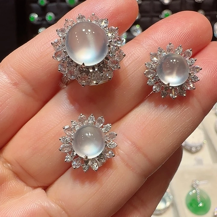 翡翠戒指18K金镶嵌戒指耳钉套装