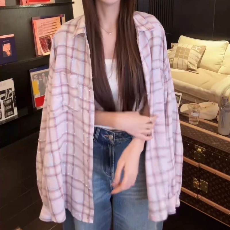 新款休闲治愈系女友神仙格子织带衬衫LK2506129