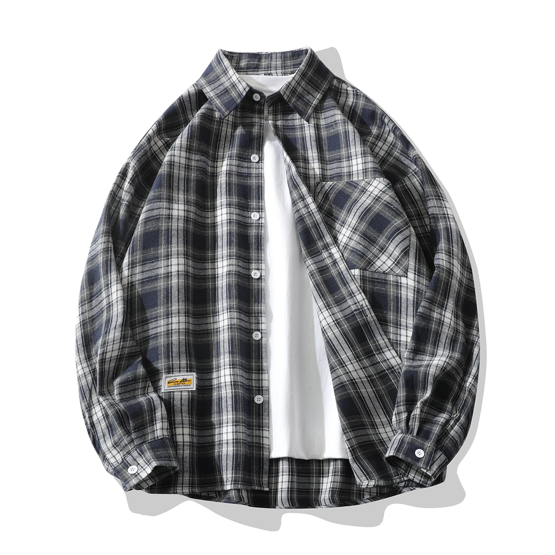 春秋潮流宽松格子衬衫男港风帅气休闲长袖衬衣学生百搭高级感外套