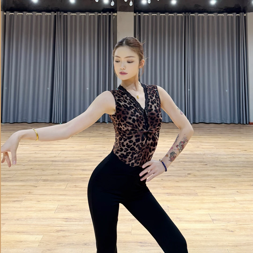ELLA-D拉丁舞蹈服夏花系列性感无袖蕾丝V领修身豹纹印花连体上衣