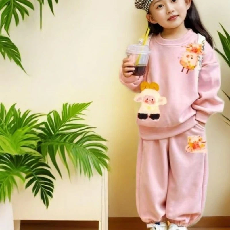 新款女童春秋舒适休闲小羊套装女宝洋气卡通韩版洋气时尚套装Q42