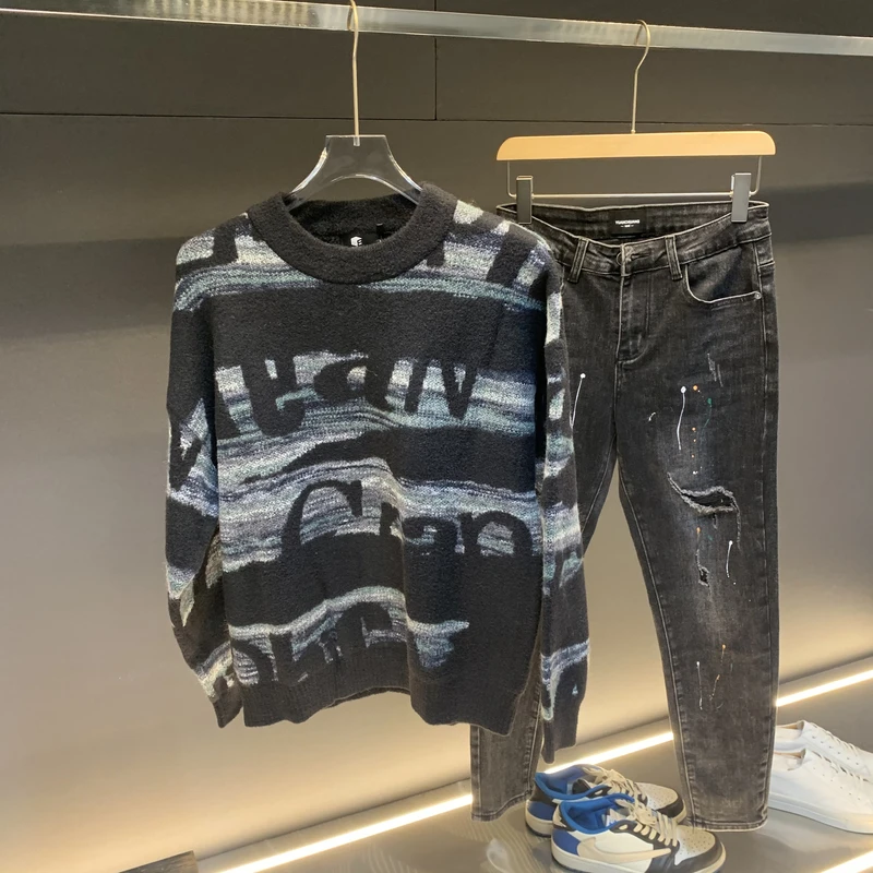 冬季慵懒风圆领英文拼接潮流毛衣宽松休闲长袖针织衫