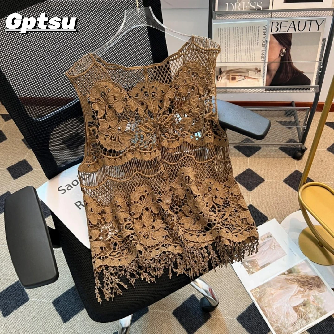 GPTSu蕾丝镂空V领吊带背心女夏季大码胖mm设计感流苏无袖上衣罩衫