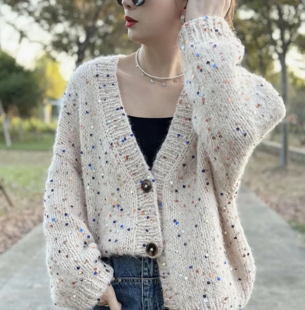 手工编织珠片V领开衫毛线DIY时尚针织毛衣蓬松清新柔顺手编遮阳