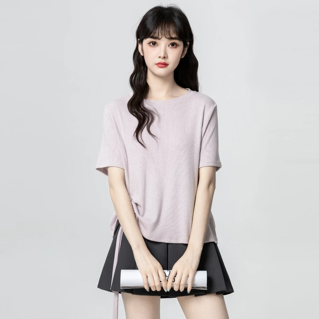 紫色不规则短袖T恤女夏2025夏季新款设计感圆领抽绳半袖体恤上衣