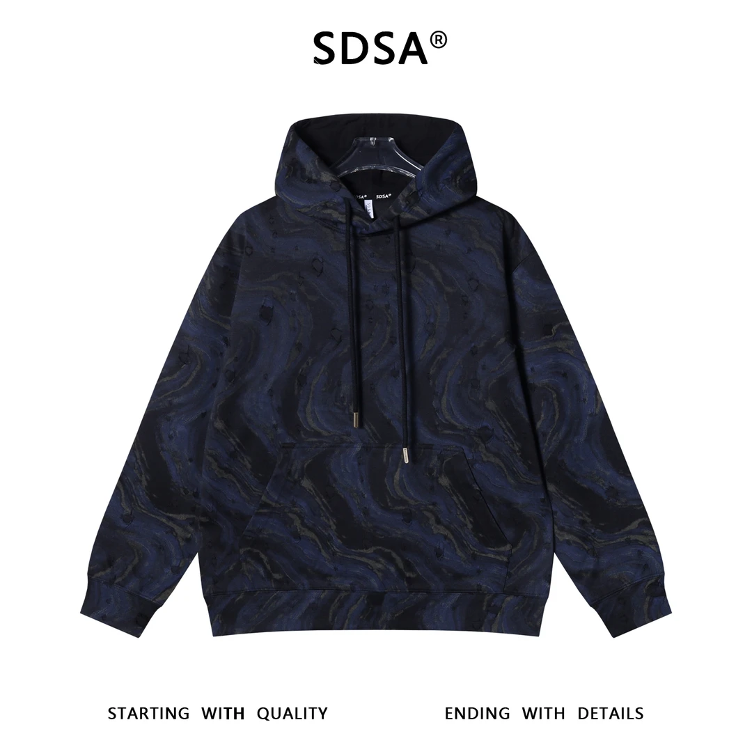 SDSA男士秋冬新款痞帅男装撞色水波纹破洞连帽卫衣百搭舒适上衣