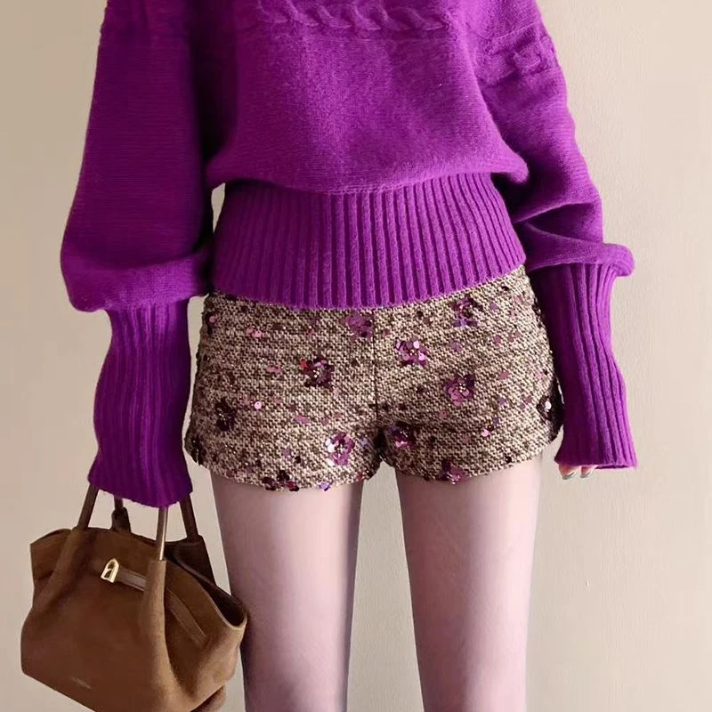 重工亮闪套装高级金色立体花朵亮片短裤显瘦包臀加厚毛呢靴裤套装