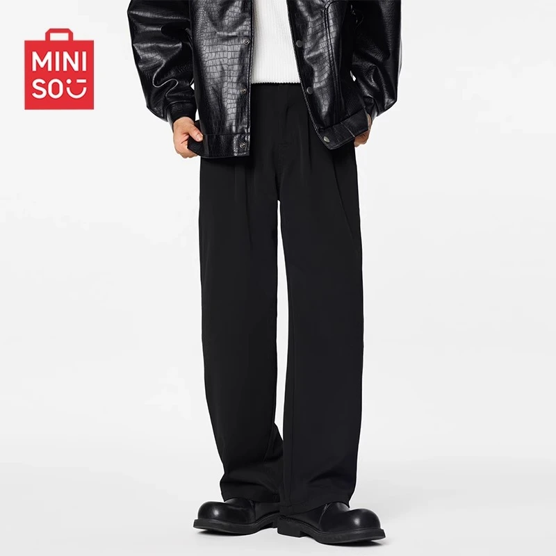 MINISO名创优品阔腿西装裤子男士春季2025新款垂感黑色直筒九分裤