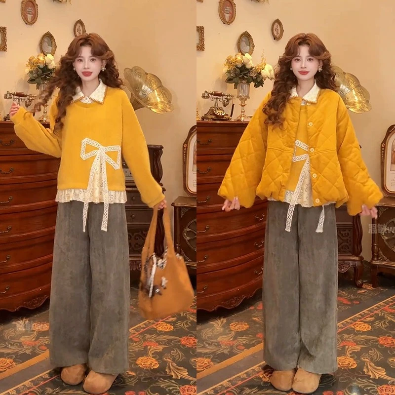 秋冬超火穿搭一整套女2025新款假两件卫衣复古棉服外套裤子三件套