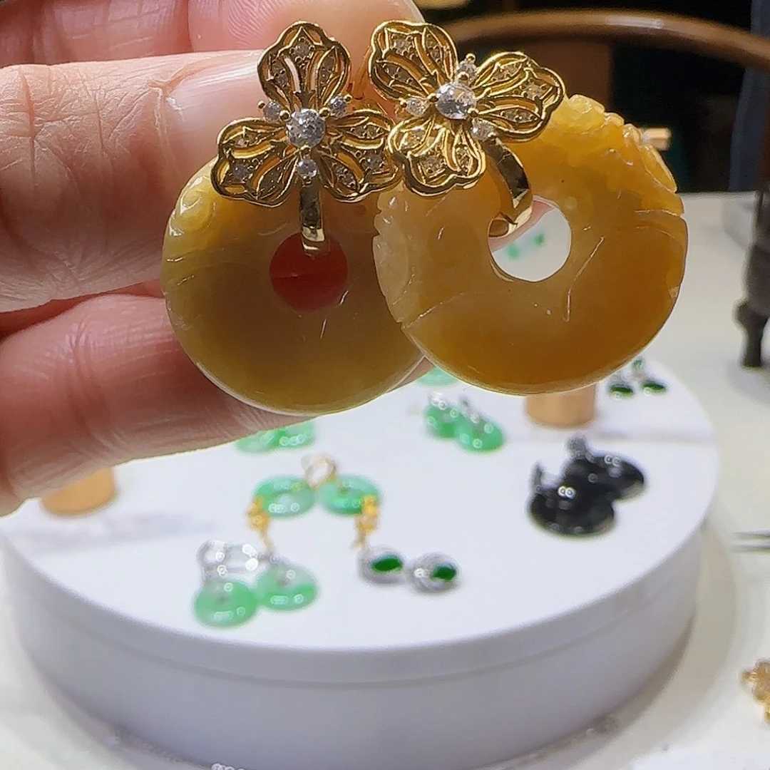 翡翠耳饰银S925镶嵌天然缅甸a货翡翠