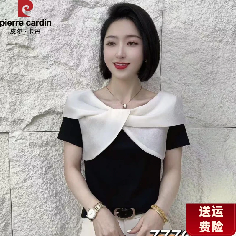 皮尔卡丹25夏季新款时尚百搭短袖显瘦纯色洋气拼接蝴蝶结印花圆领