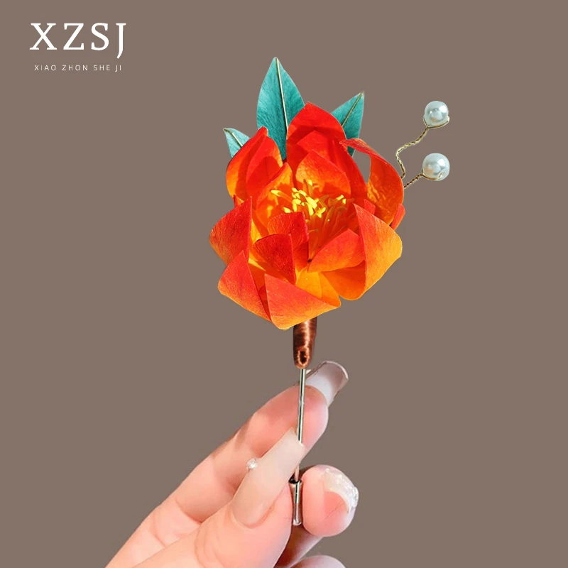 铜胸针 原创设计非遗绒花别针新款国风手工掐丝花朵胸花汉服配饰