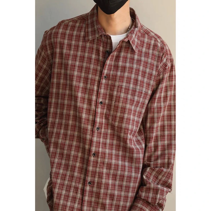 LH store新款美式复古格子长袖衬衫男女宽松休闲潮牌情侣衬衣外套