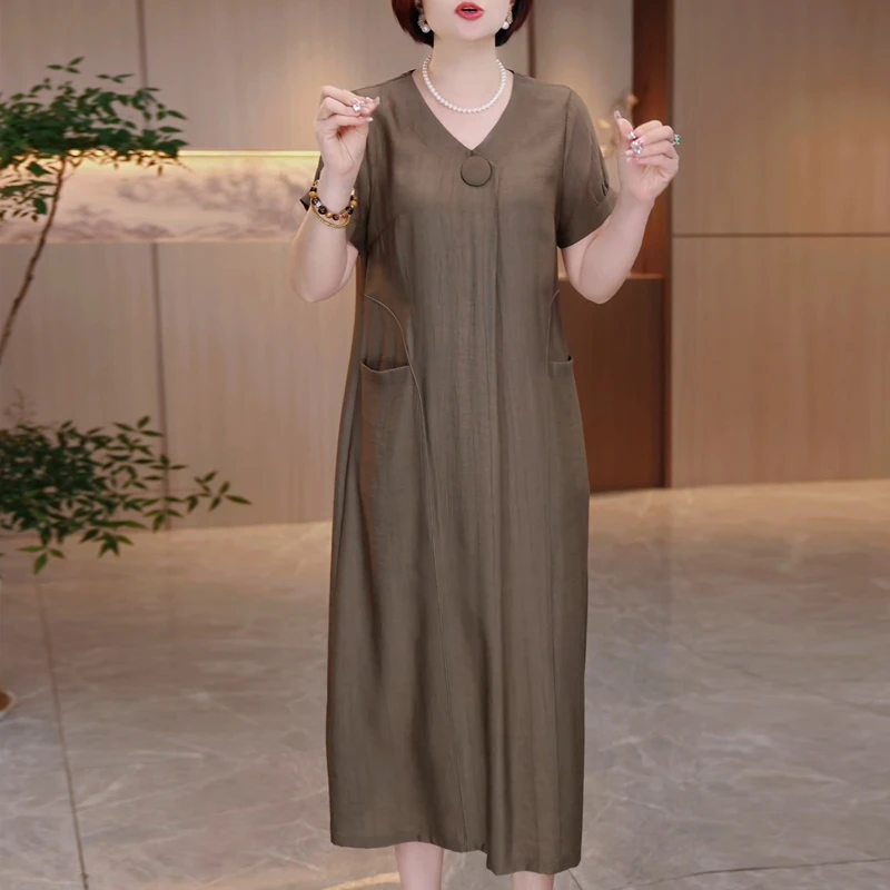 时尚简单大方纯色短袖连衣裙女夏季2025新款妈妈大码宽松休闲裙子