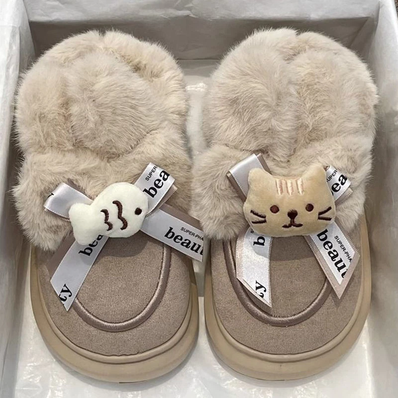 爆款雪地靴女蝴蝶结猫鱼棉鞋冬季外穿加绒EVA厚底保暖包跟棉拖鞋