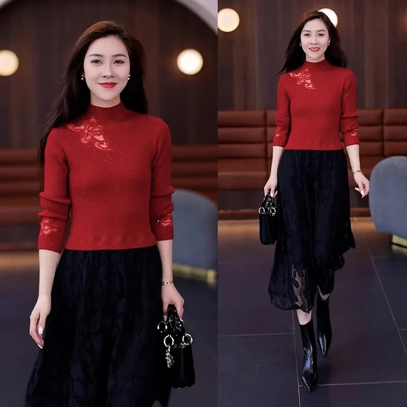 长款毛衣裙女秋冬2024新款气质针织连衣裙显瘦拼接蕾丝高领连身裙