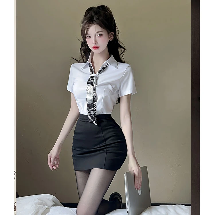 夏季白色短袖衬衫女职业气质丝巾飘带制服空姐酒店前台工作服上衣