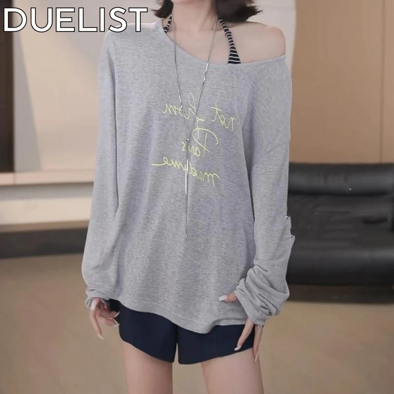 DUELIST高级设计感露肩开叉长袖恤新款夏季宽松透气防晒罩衫上衣
