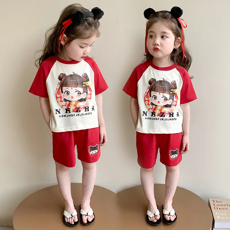 儿童哪吒套装卡通动漫休闲风女童夏季套装短袖短裤时尚两件套