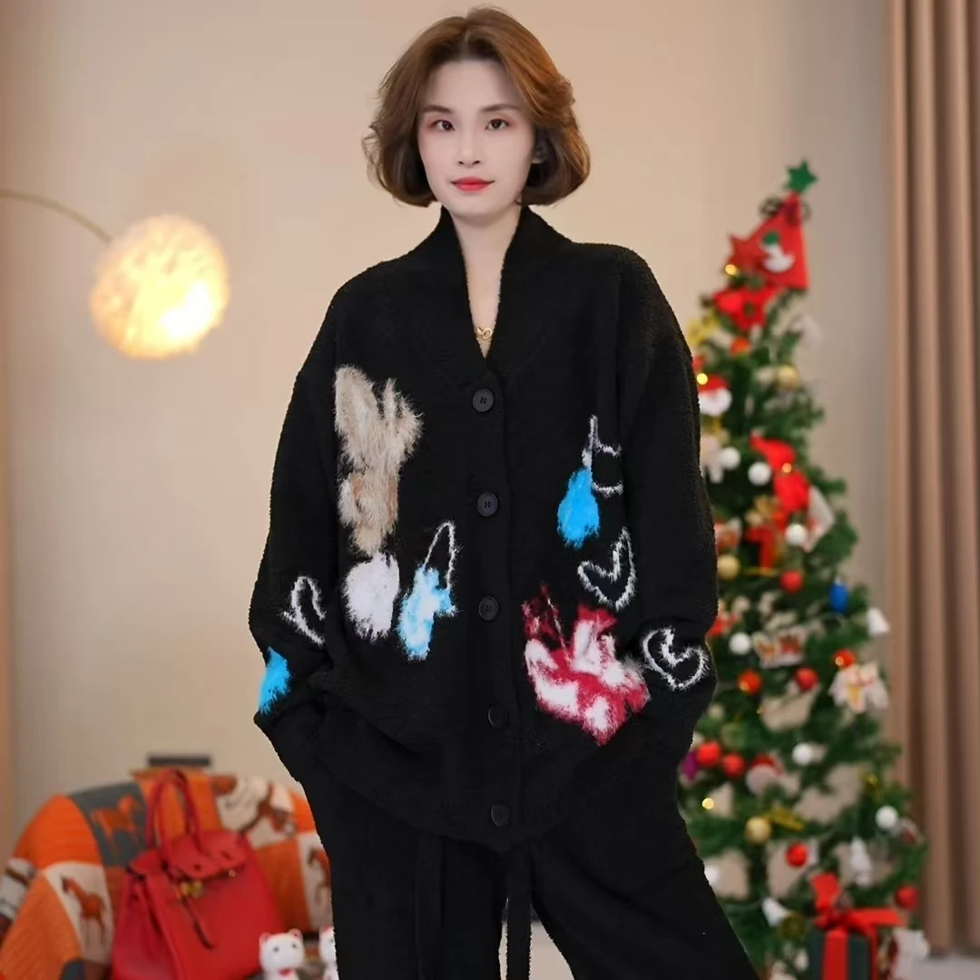 【彩色蝴蝶～保暖半边绒】柔软舒适家居服套装可外穿