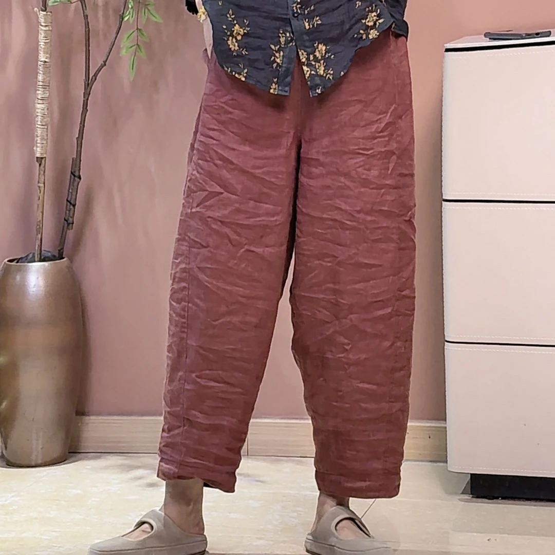 【衣布到味华华】夏季休闲百搭松紧腰亚麻阔腿休闲裤33035款