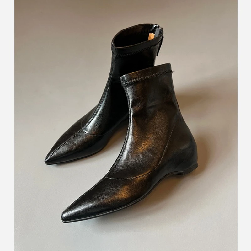 羊皮版~复古尖头通勤内增高瘦瘦靴女气质弹力靴后拉链坡跟短靴子