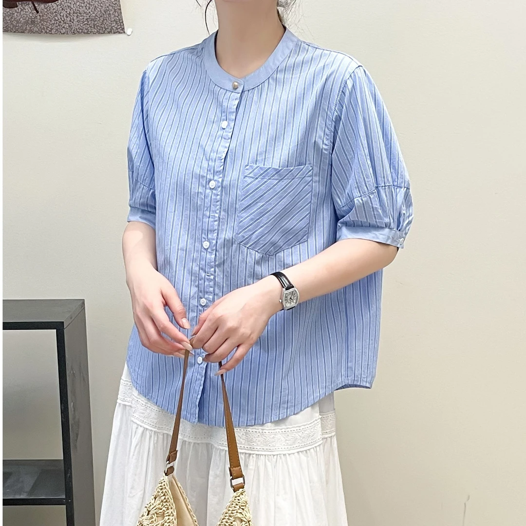千百蔚时尚条纹极简风夏季女士条纹中袖衬衫百搭中袖薄款蓝色