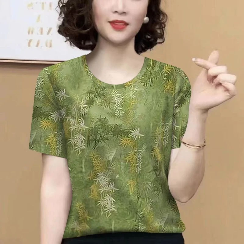 2025夏季新款时尚洋气小众上衣女减龄气质妈妈装圆领印花短袖t恤