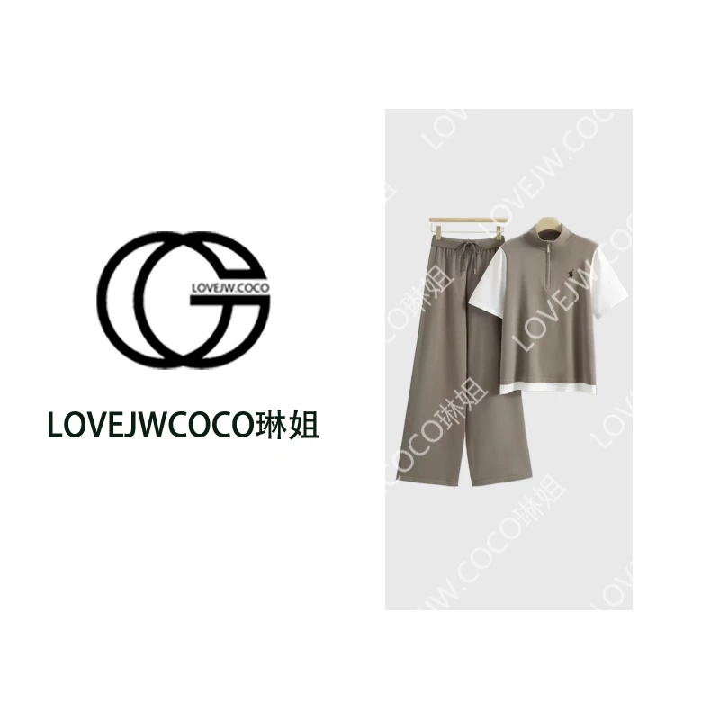 【LOVEJWCOCO】小马刺绣时尚半拉链短袖针织套装高腰阔腿裤气质夏