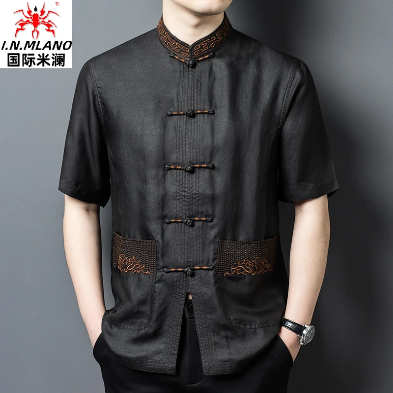 100%桑蚕丝真丝香云纱唐装男夏季男士短袖新中式中国风高档衬衫男