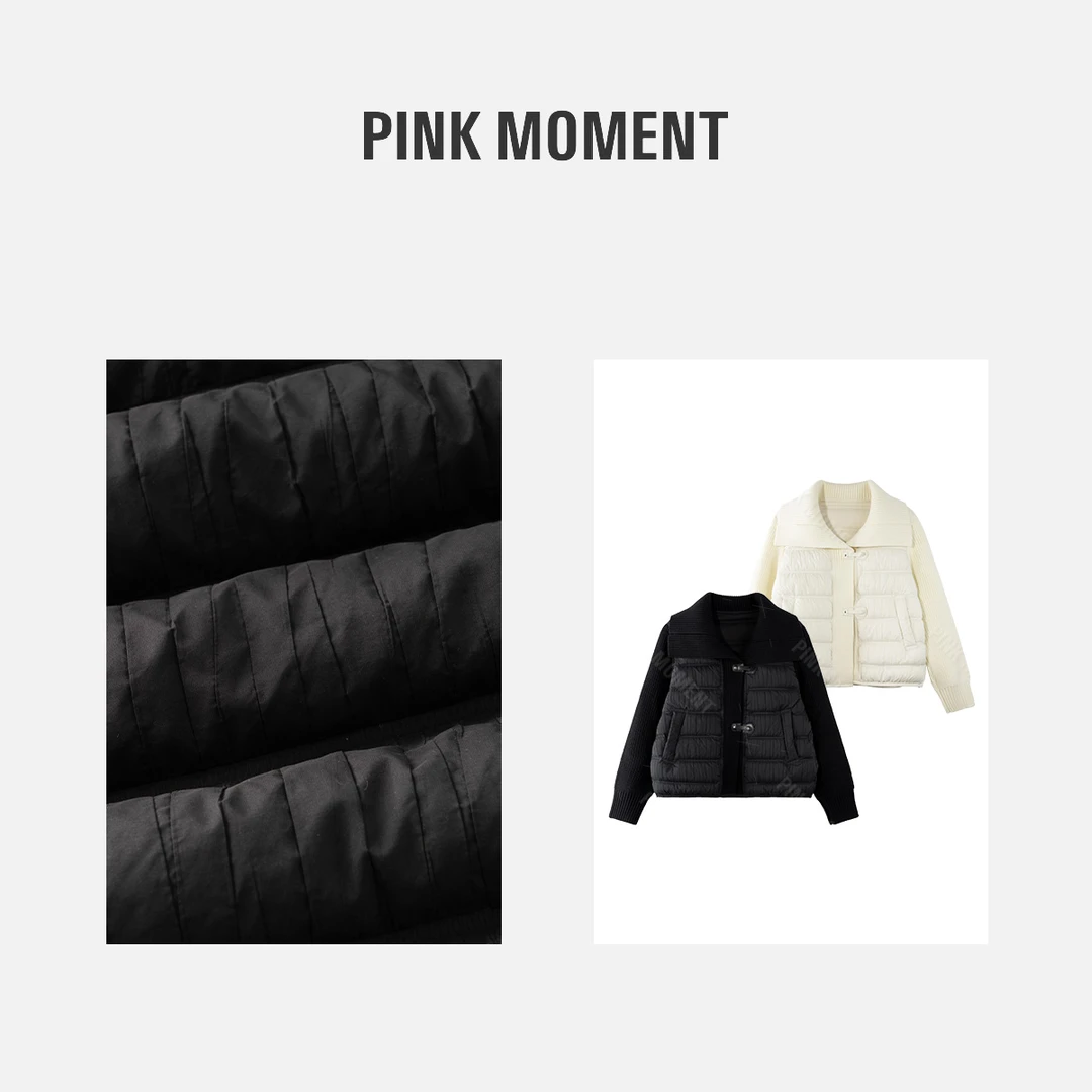 PM王囡囡 白/黑色翻领拼针织羽绒外套 ND1D2132