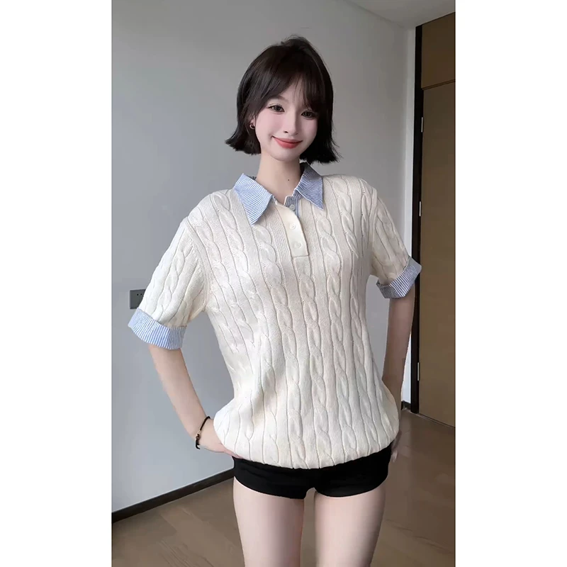 Xanvas四色假两件拼接条纹polo衫夏季老钱风绞花针织短袖衬衫t恤