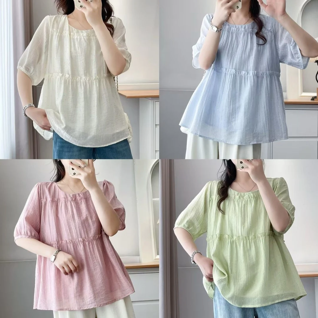 大码2025夏新款胖mm短袖法式亮钻设计上衣宽松显瘦娃娃衬衫200斤