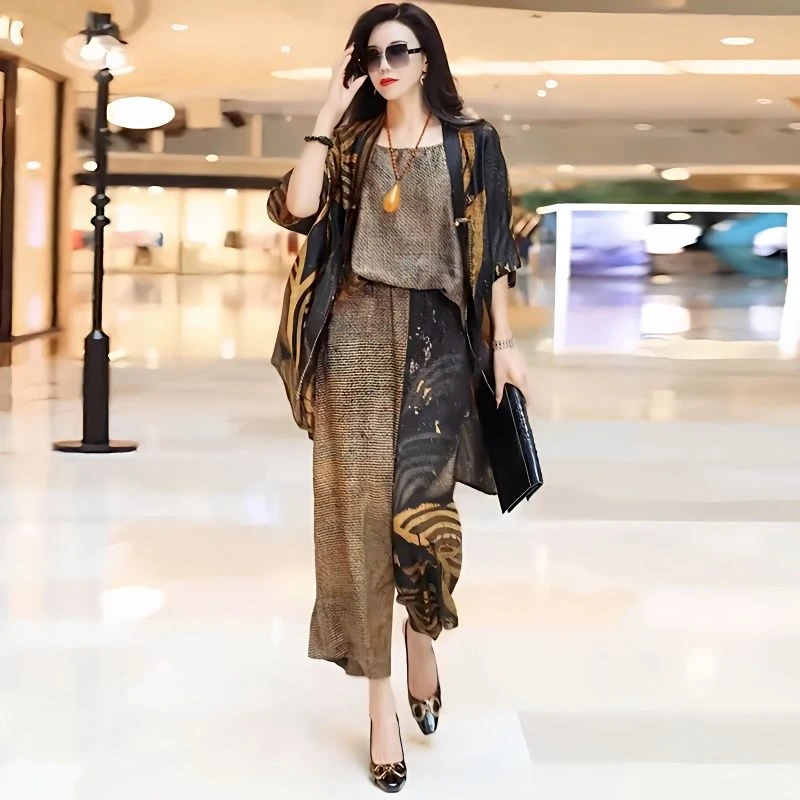 真丝三件套春款加肥加大码休闲宽松遮肉桑蚕丝开衫+上衣+裤子