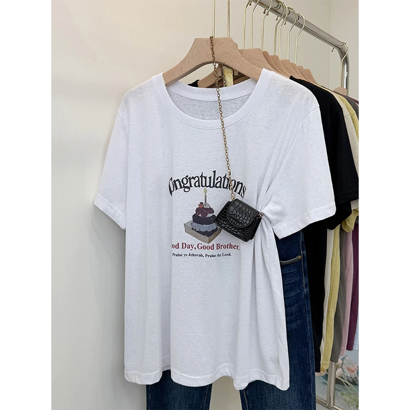 韩版高级感小个子遮肚宽松短袖T恤女大码微胖mm200斤雪花棉上衣夏