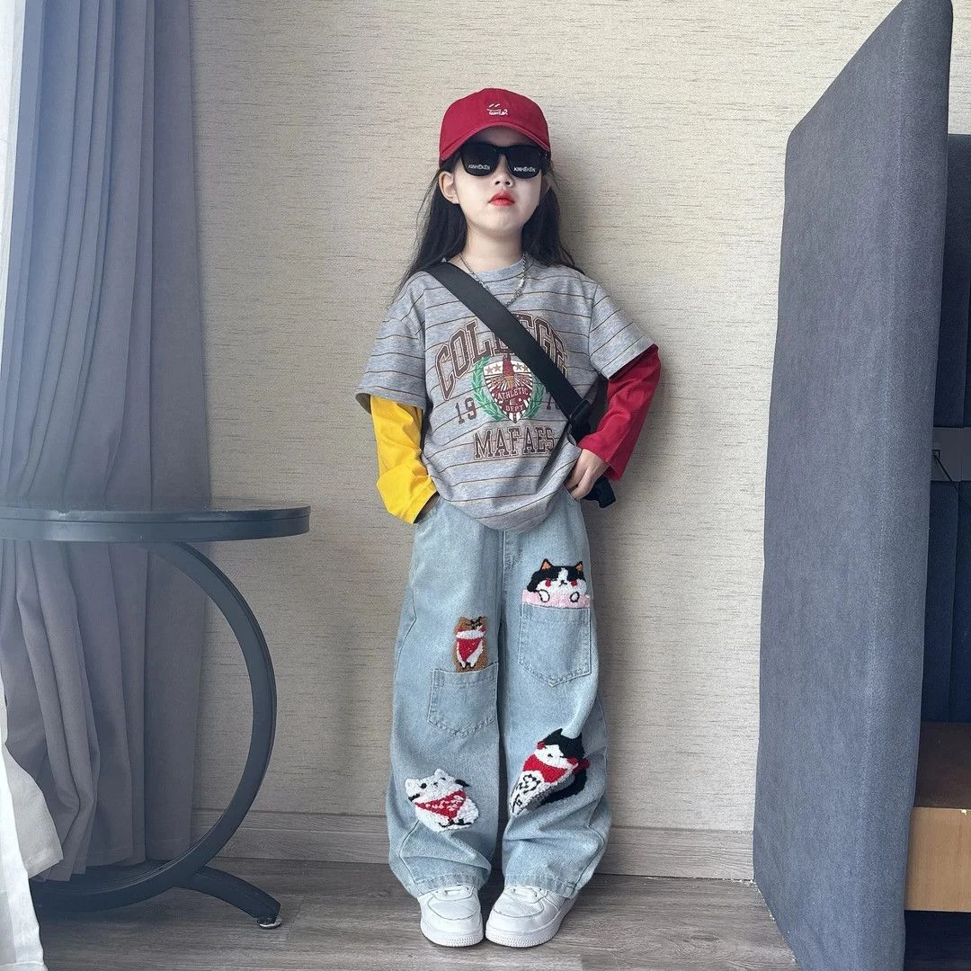 女童秋季时尚毛巾绣阔腿裤工装牛仔裤中大童时髦拼色卫衣打底衫潮