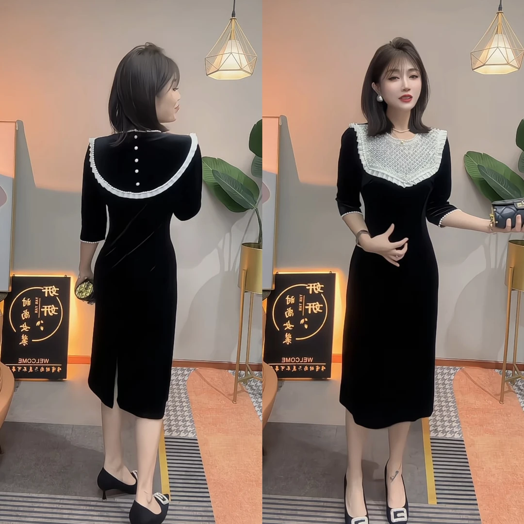 时尚拼接圆领钉珠短袖显瘦赫本风夏季女士连衣裙