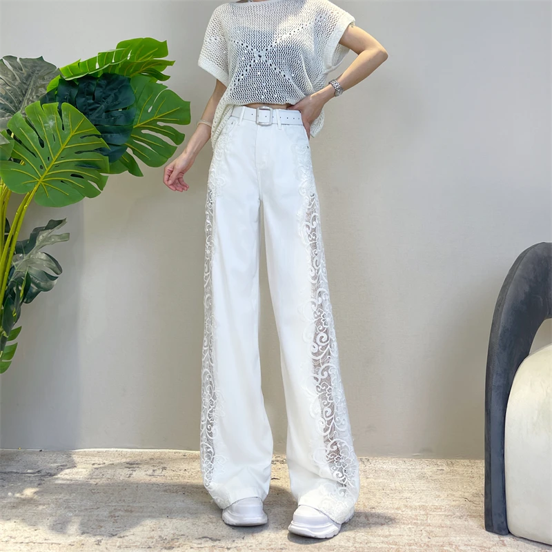 迪否蕾丝镂空破洞阔腿牛仔裤女夏薄款2025新款时尚窄版直筒裤6107