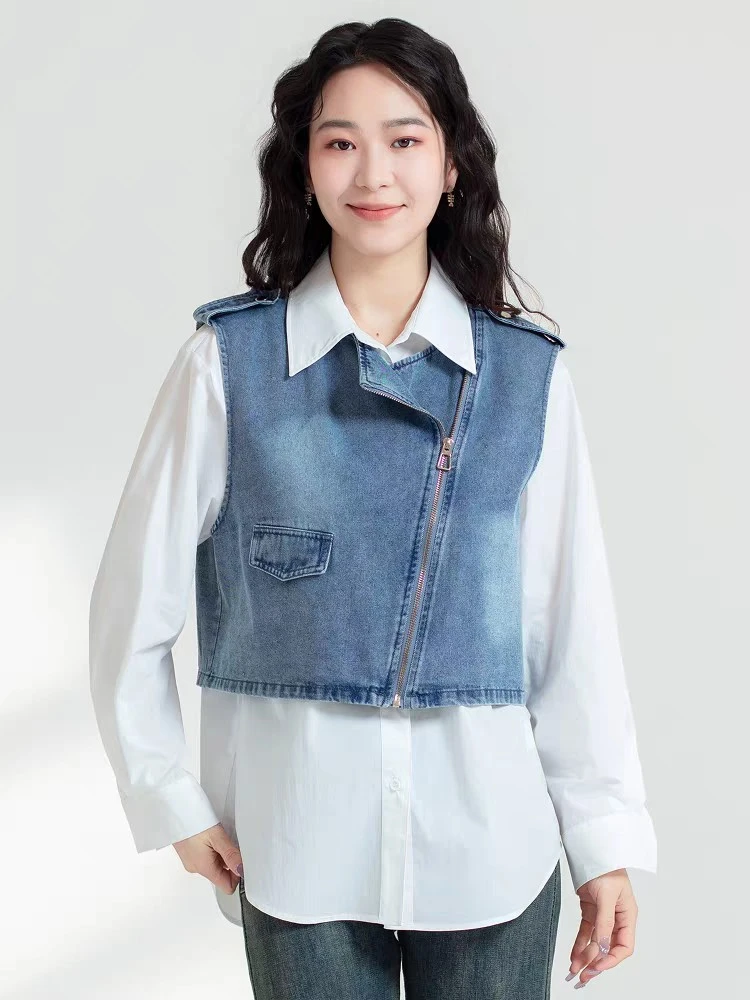 W615 春秋款时尚百搭长袖衬衫+休闲牛仔马甲两件套套装JT