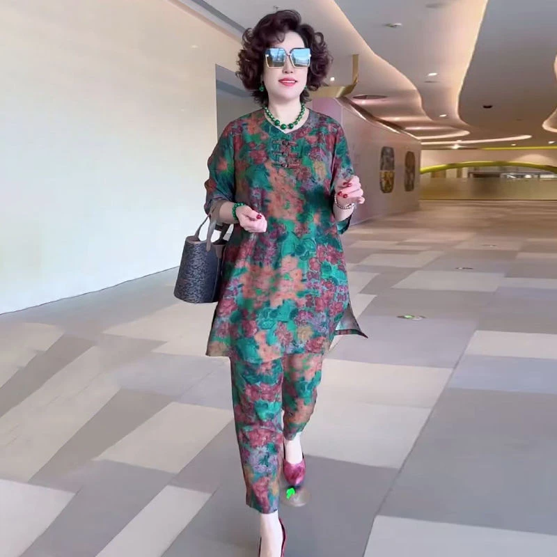 H夏季美衣欧洲站2025时尚气质百搭休闲薄款圆领上衣九分裤两件套