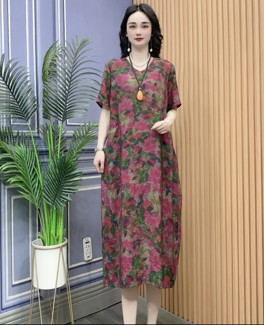 夏季复古短袖连衣裙宽松印花洋气妈妈装气质百搭妈妈裙连衣裙65